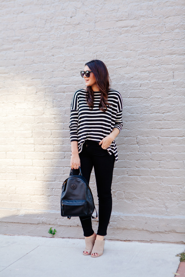 Stripes and black skinny jeans on Kendi Everyday.