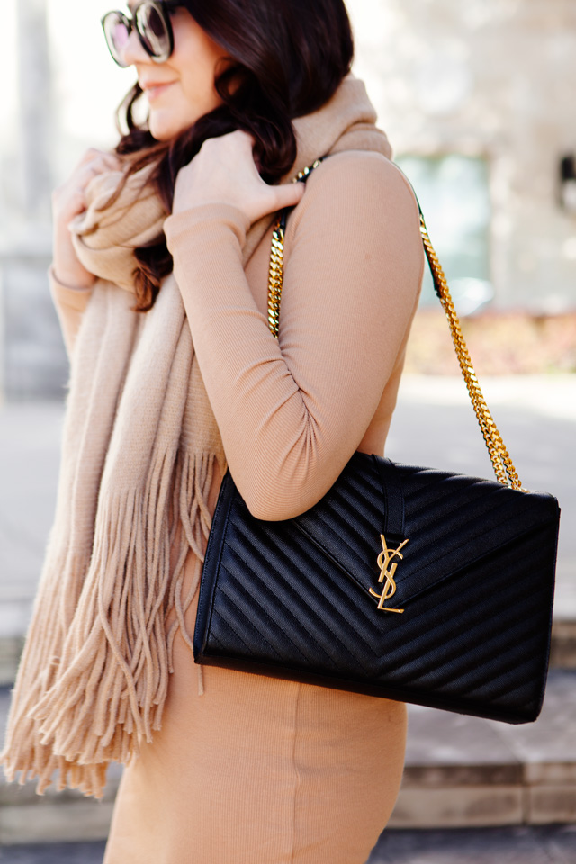 Camel dress with oversized camel scarf and YSL Monogram Purse, on Kendi Everyday.