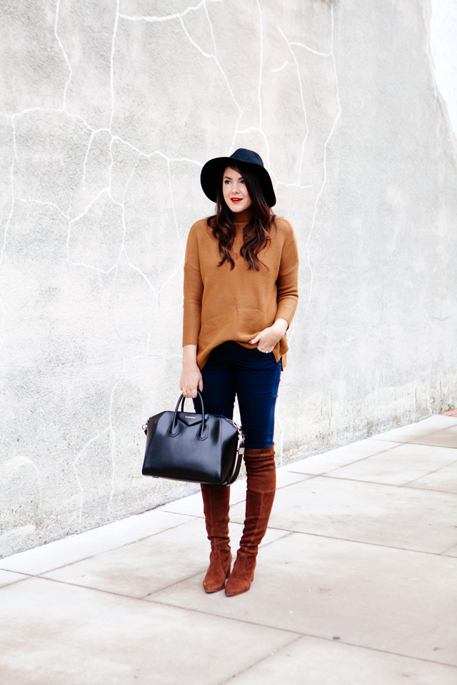 Camel sweater with over the knee Stuart Weitzman boots and black accessories on Kendi Everyday.