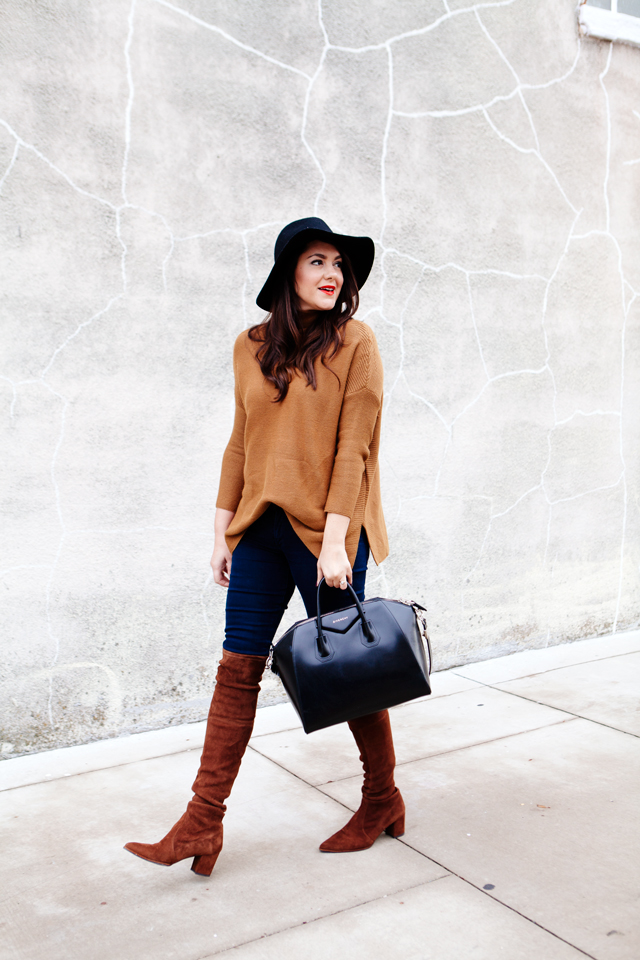 Camel sweater with over the knee Stuart Weitzman boots and black accessories on Kendi Everyday.