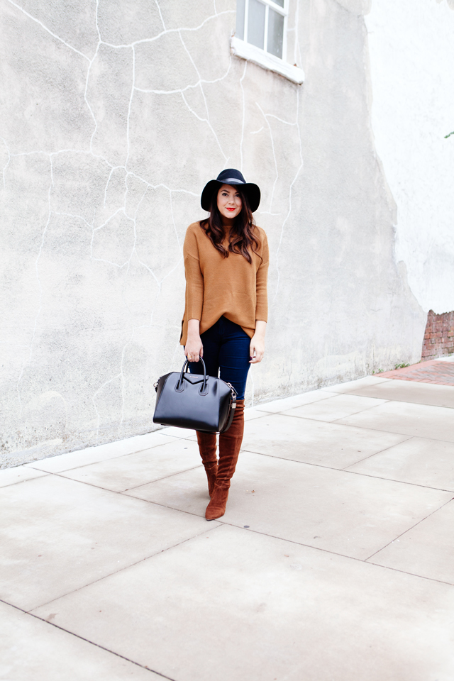 Camel sweater with over the knee Stuart Weitzman boots and black accessories on Kendi Everyday.