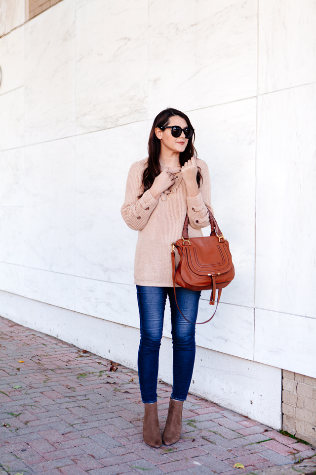 Lace up sweater with skinny denim on Kendi Everyday