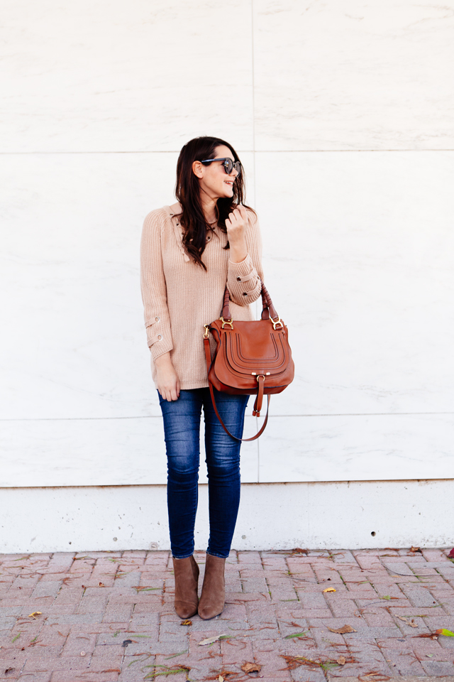 Lace up sweater with skinny denim on Kendi Everyday