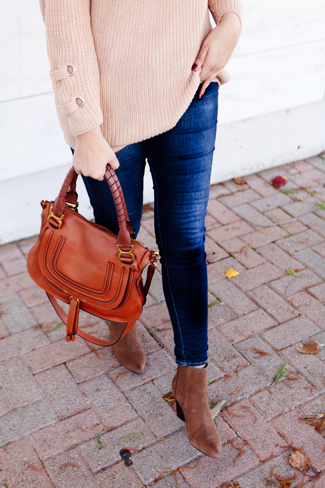 Lace up sweater with skinny denim on Kendi Everyday