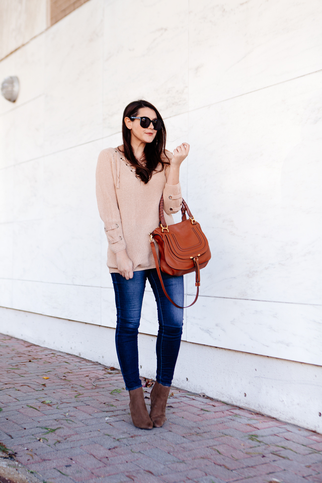 Lace up sweater with skinny denim on Kendi Everyday