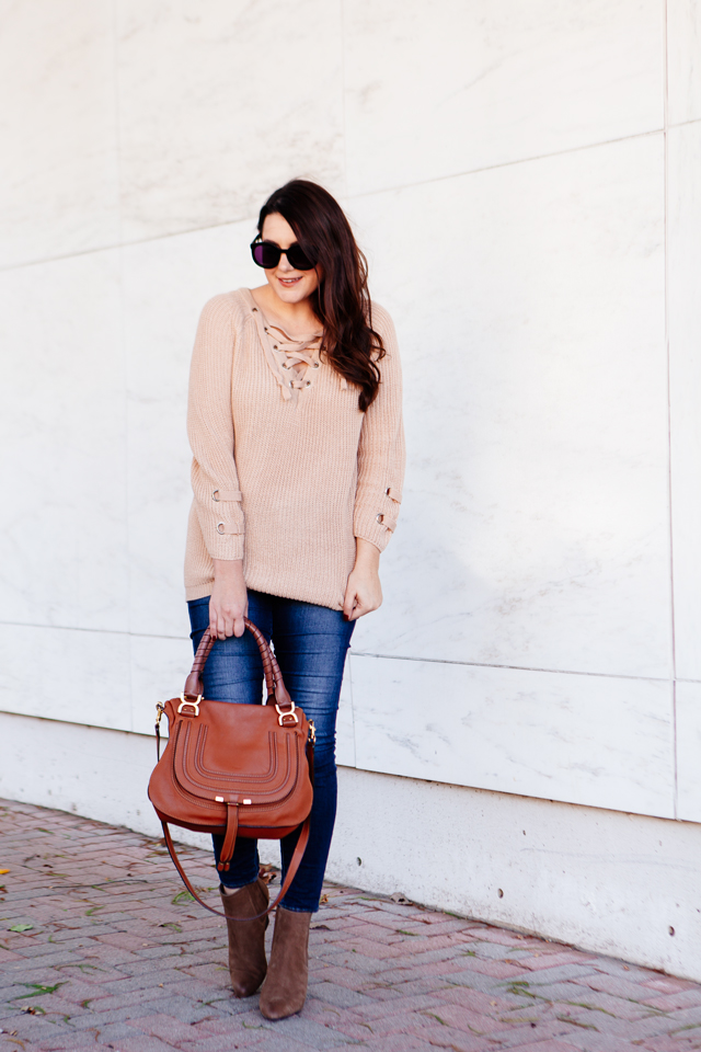 Lace up sweater with skinny denim on Kendi Everyday