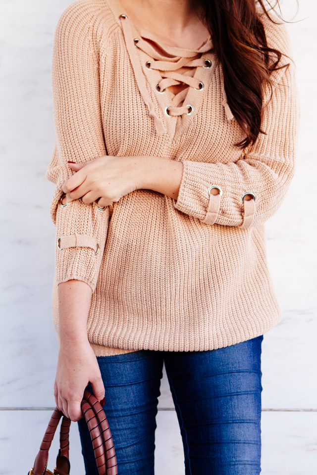 Lace up sweater with skinny denim on Kendi Everyday