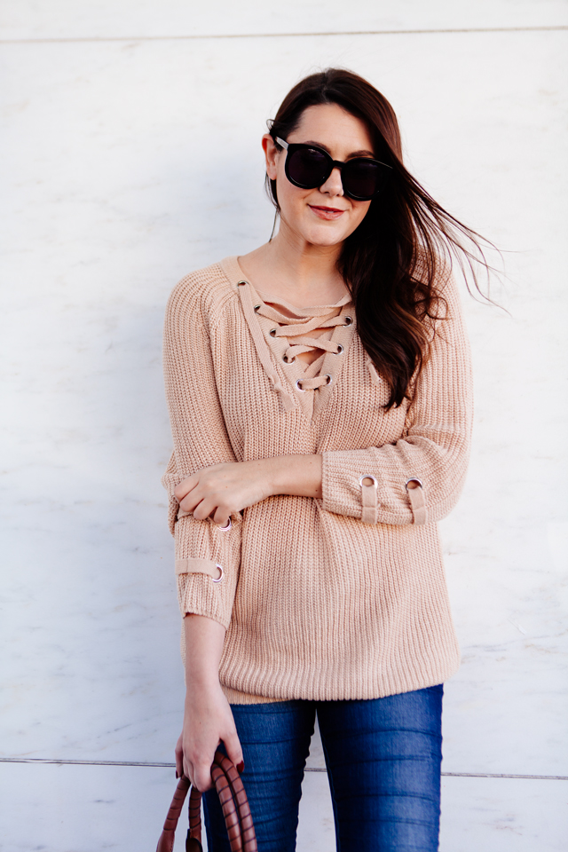 Lace up sweater with skinny denim on Kendi Everyday