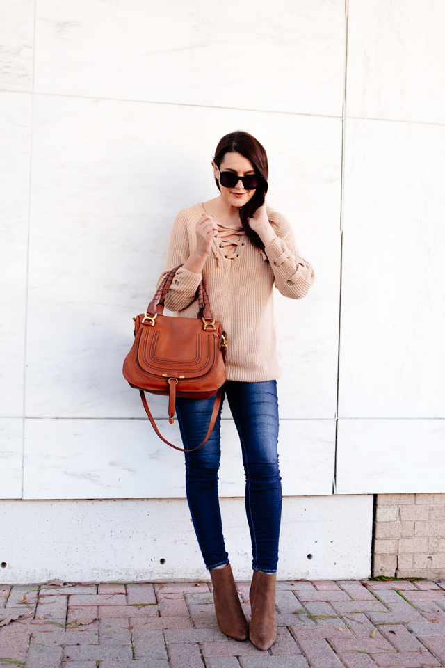 Lace up sweater with skinny denim on Kendi Everyday