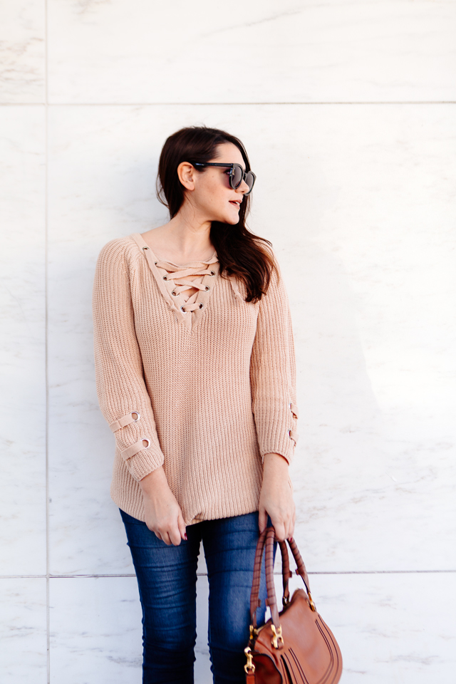 Lace up sweater with skinny denim on Kendi Everyday