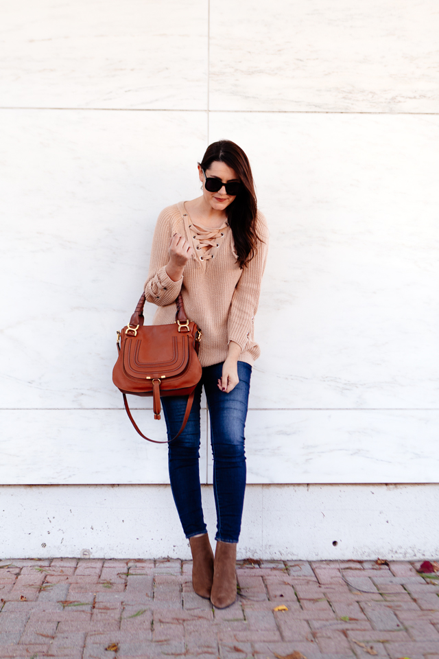 Lace up sweater with skinny denim on Kendi Everyday