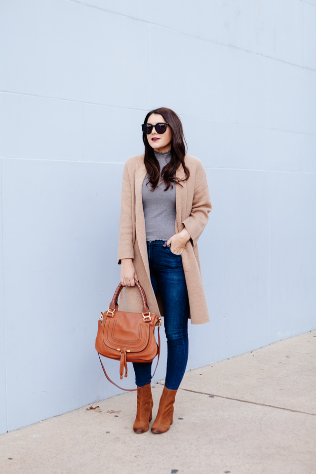 Camel sweater coat with grey turtleneck and cognac booties outfit on Kendi Everyday.