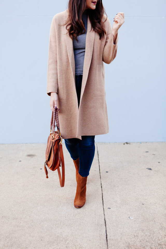 Camel sweater coat with grey turtleneck and cognac booties outfit on Kendi Everyday.