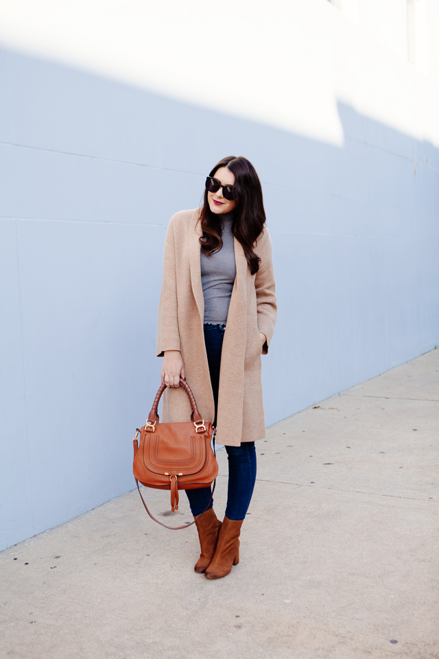 Camel sweater coat with grey turtleneck and cognac booties outfit on Kendi Everyday.