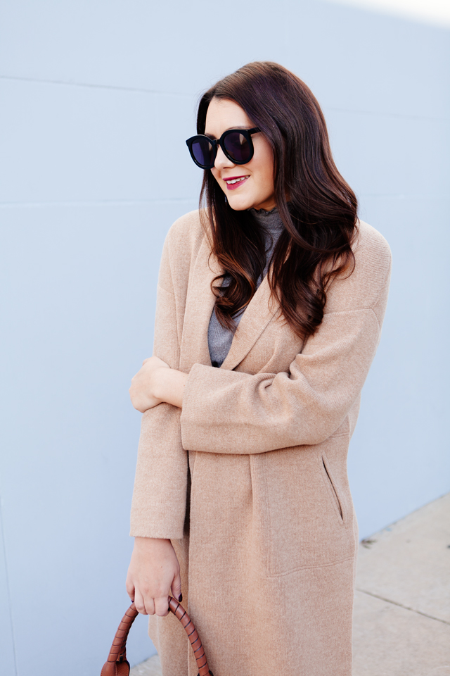 Camel sweater coat with grey turtleneck and cognac booties outfit on Kendi Everyday.