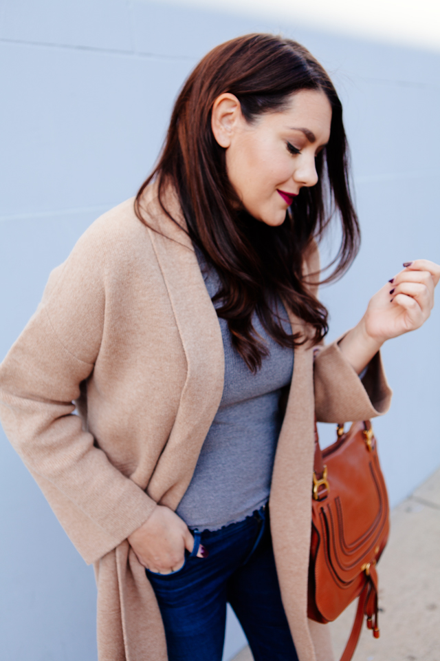 Camel sweater coat with grey turtleneck and cognac booties outfit on Kendi Everyday.