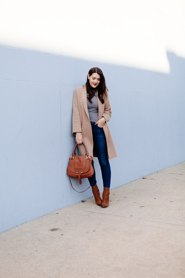 Camel sweater coat with grey turtleneck and cognac booties outfit on Kendi Everyday.