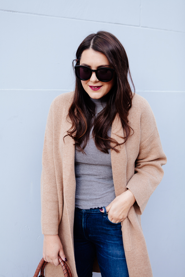 Camel sweater coat with grey turtleneck and cognac booties outfit on Kendi Everyday.