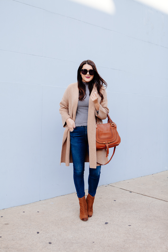 Camel sweater coat with grey turtleneck and cognac booties outfit on Kendi Everyday.