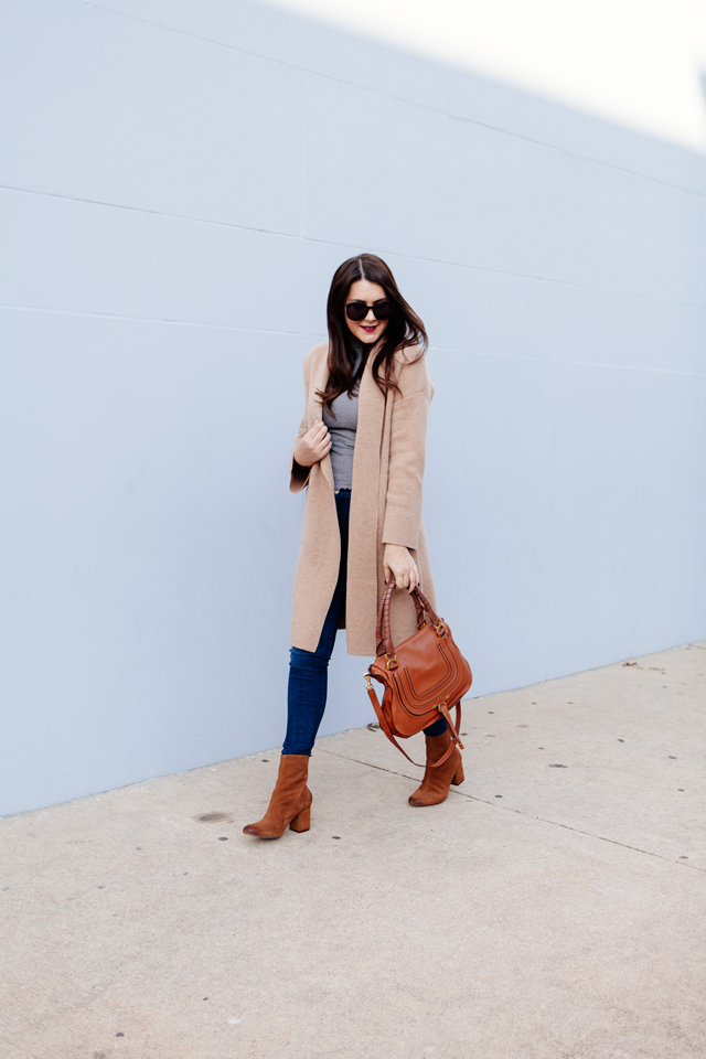 Camel sweater coat with grey turtleneck and cognac booties outfit on Kendi Everyday.