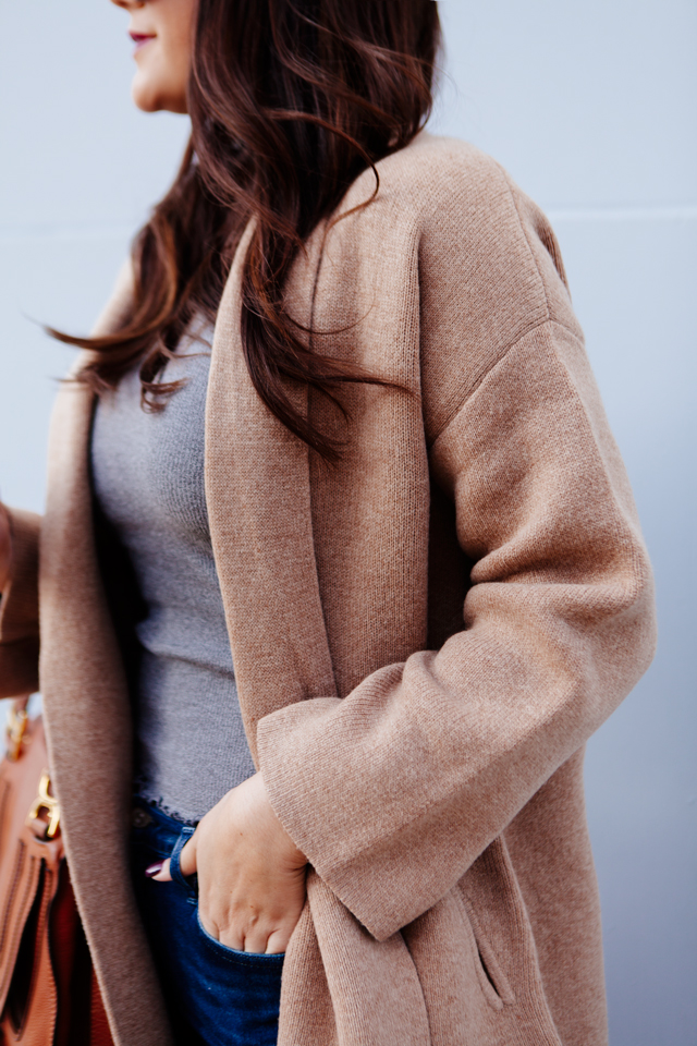 Camel sweater coat with grey turtleneck and cognac booties outfit on Kendi Everyday.