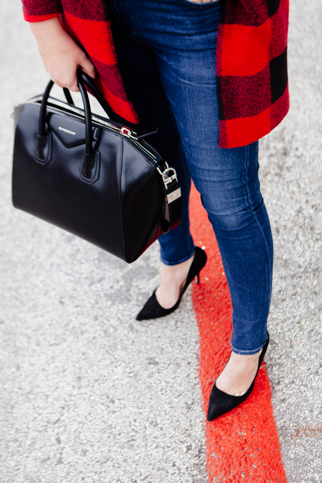 Buffalo plaid jacket with camel sweater and black heels on Kendi Everyday.