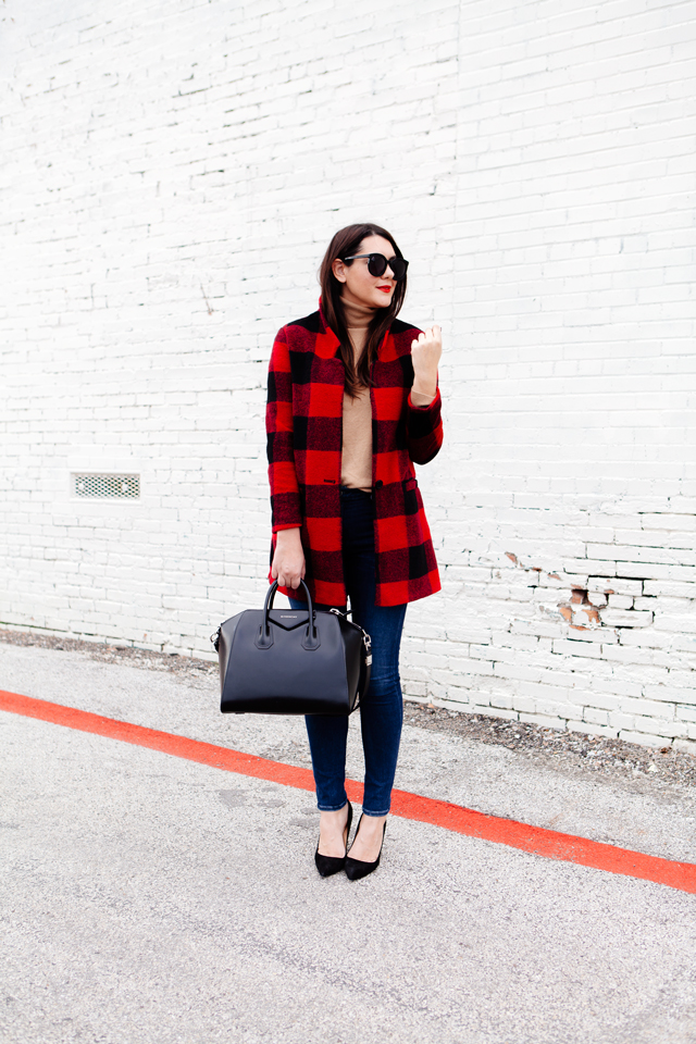 Buffalo plaid jacket with camel sweater and black heels on Kendi Everyday.