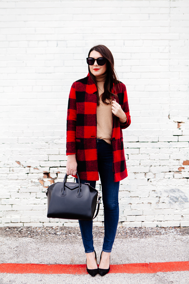 Buffalo plaid jacket with camel sweater and black heels on Kendi Everyday.