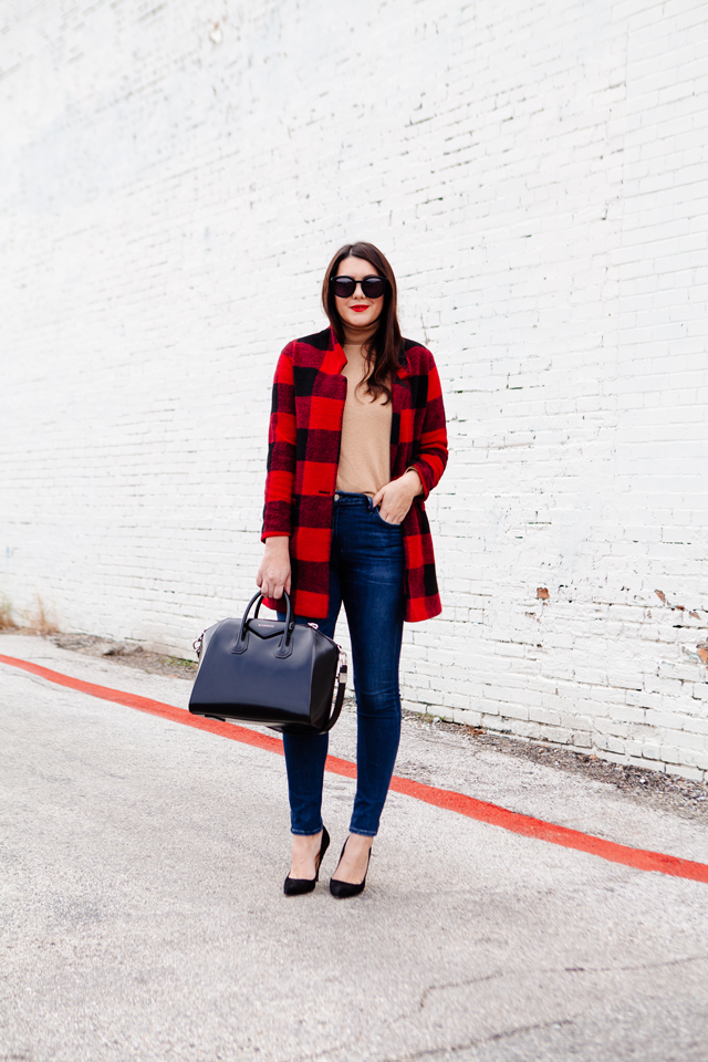 Buffalo plaid jacket with camel sweater and black heels on Kendi Everyday.