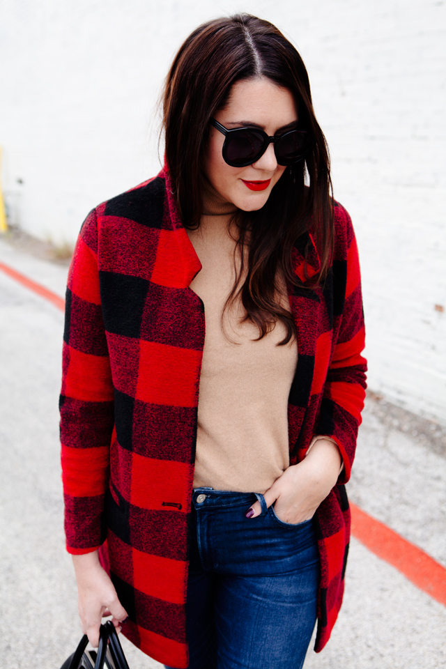 Buffalo plaid jacket with camel sweater and black heels on Kendi Everyday.