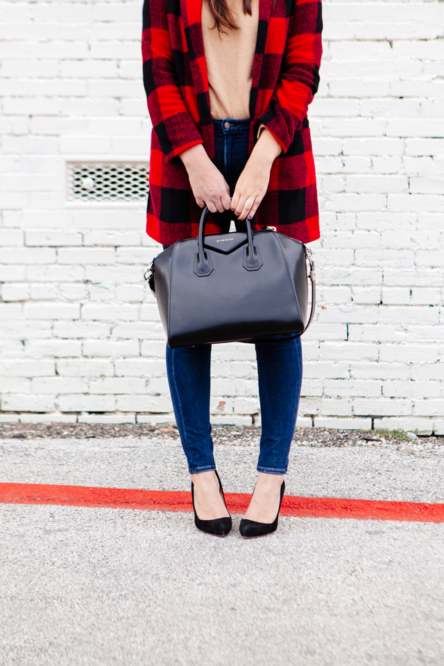 Buffalo plaid jacket with camel sweater and black heels on Kendi Everyday.