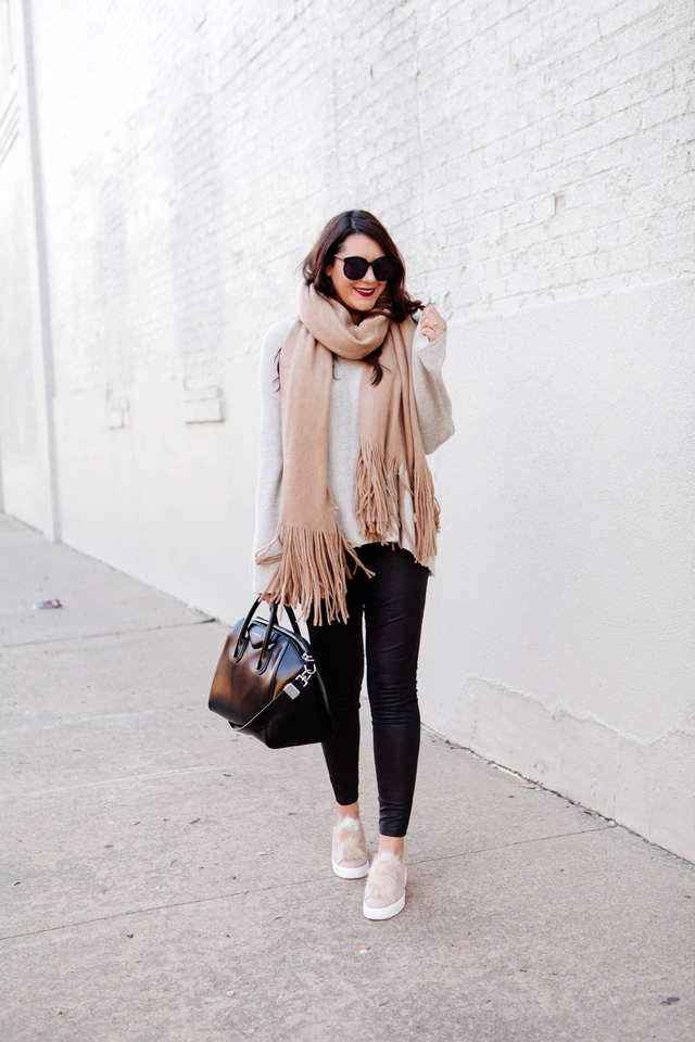 Oversized scarf with sweater and pom pom sneakers on Kendi Everyday.