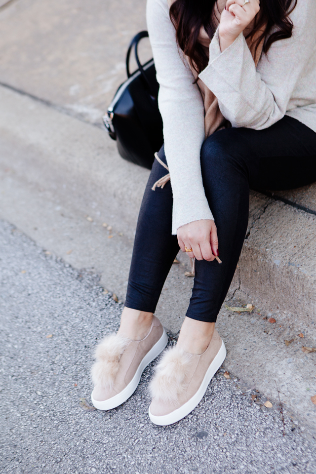 Oversized scarf with sweater and pom pom sneakers on Kendi Everyday.