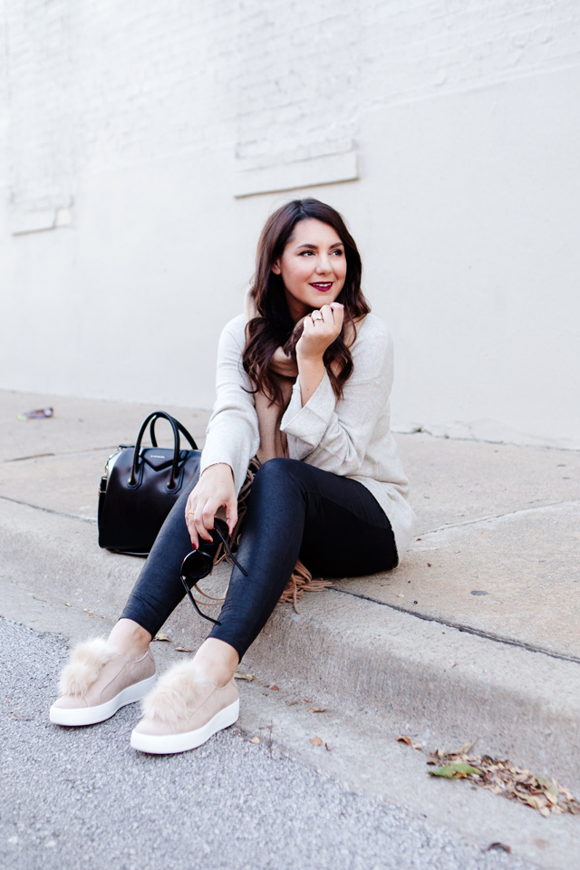 Oversized scarf with sweater and pom pom sneakers on Kendi Everyday.