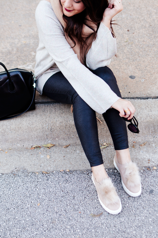 Oversized scarf with sweater and pom pom sneakers on Kendi Everyday.