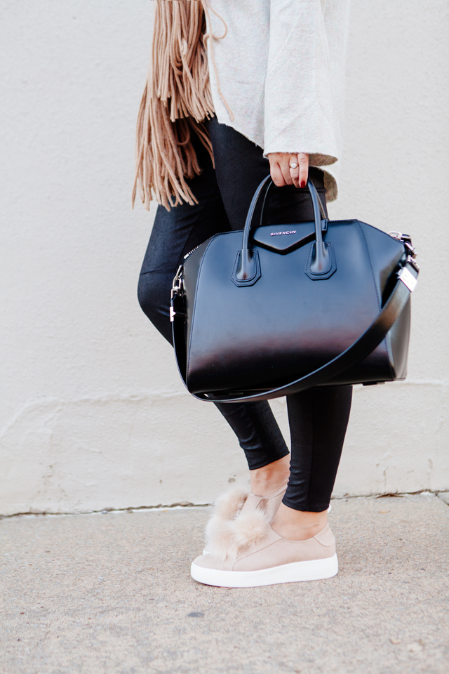 Oversized scarf with sweater and pom pom sneakers on Kendi Everyday.