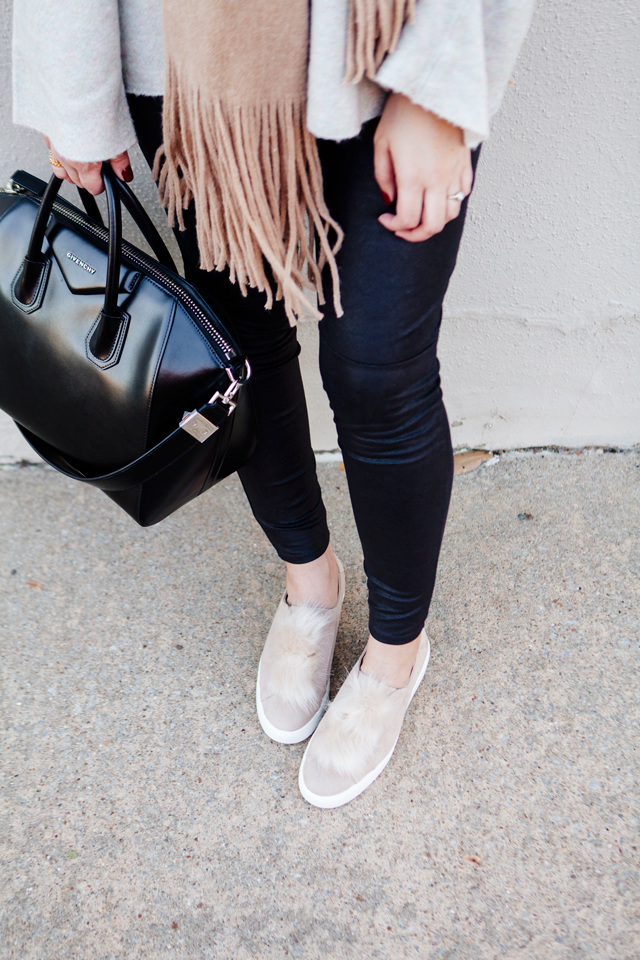 Oversized scarf with sweater and pom pom sneakers on Kendi Everyday.