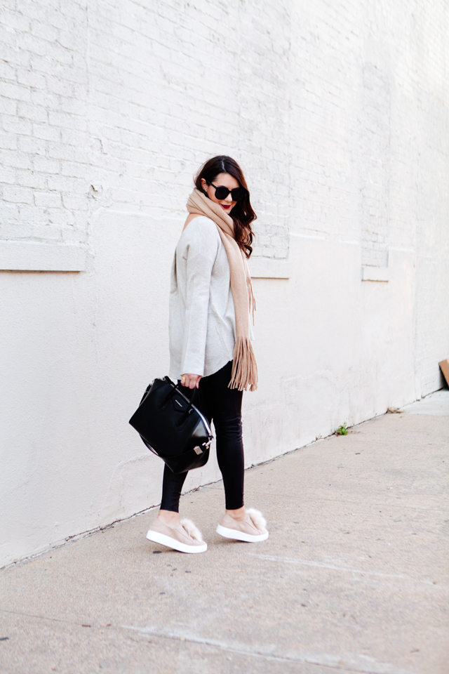 Oversized scarf with sweater and pom pom sneakers on Kendi Everyday.