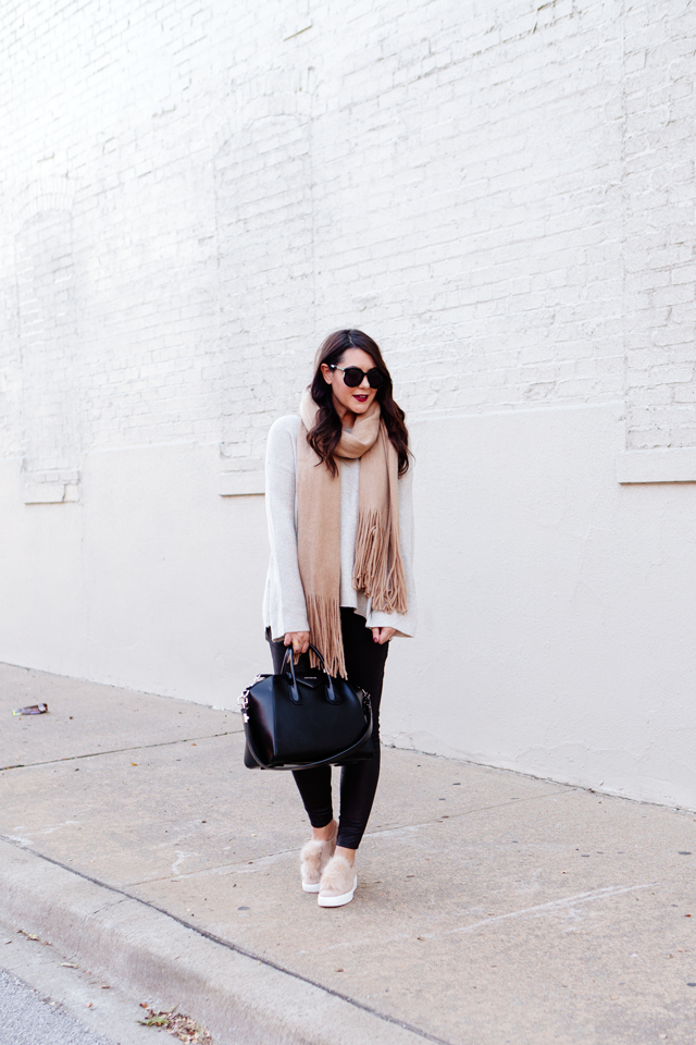 Oversized scarf with sweater and pom pom sneakers on Kendi Everyday.