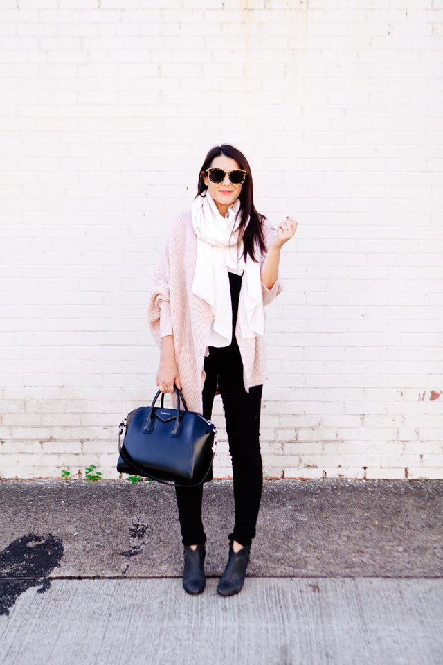 Pale pink cardigan and pale pink scarf outfit on Kendi Everyday