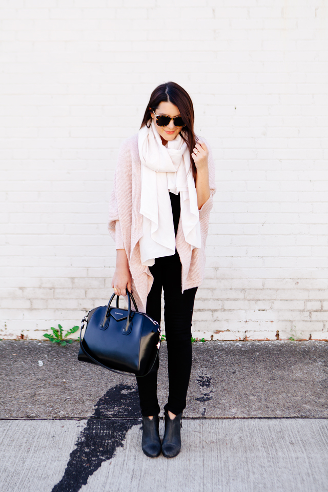 Pale pink cardigan and pale pink scarf outfit on Kendi Everyday