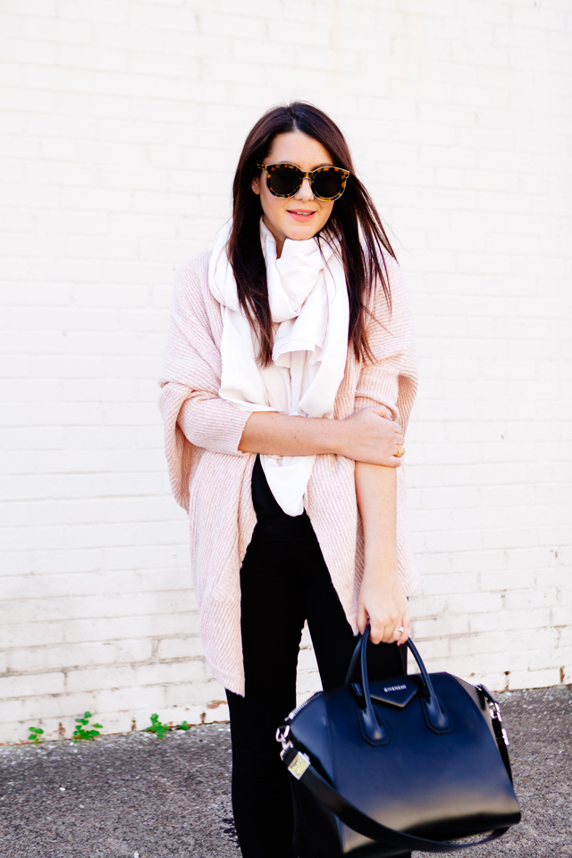 Pale pink cardigan and pale pink scarf outfit on Kendi Everyday