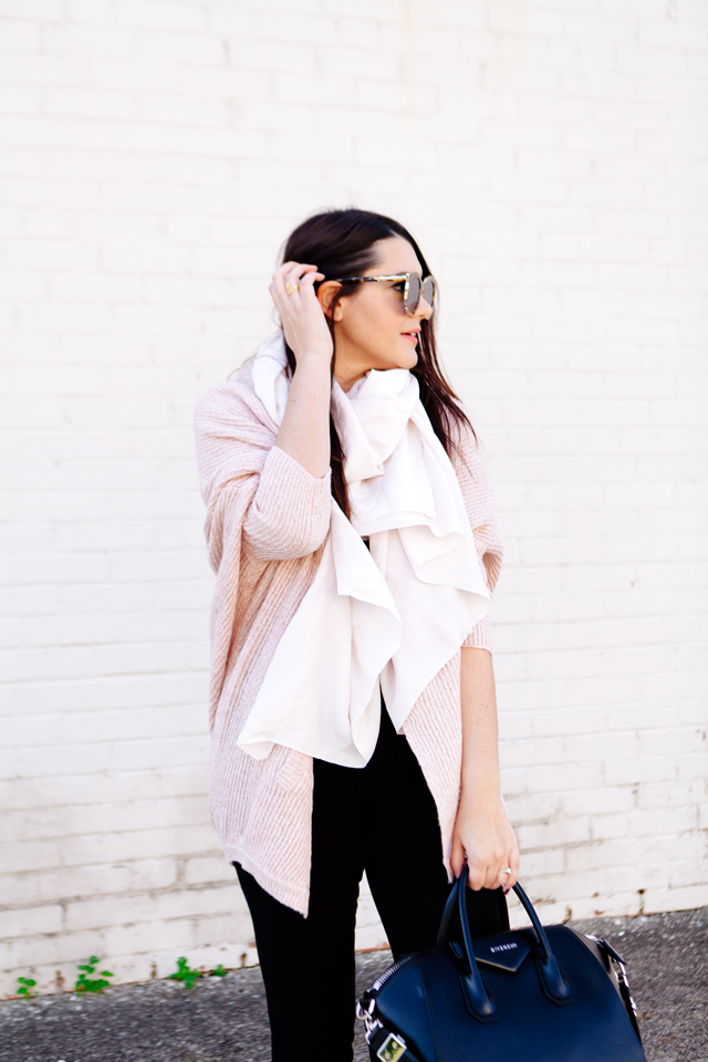 Pale pink cardigan and pale pink scarf outfit on Kendi Everyday