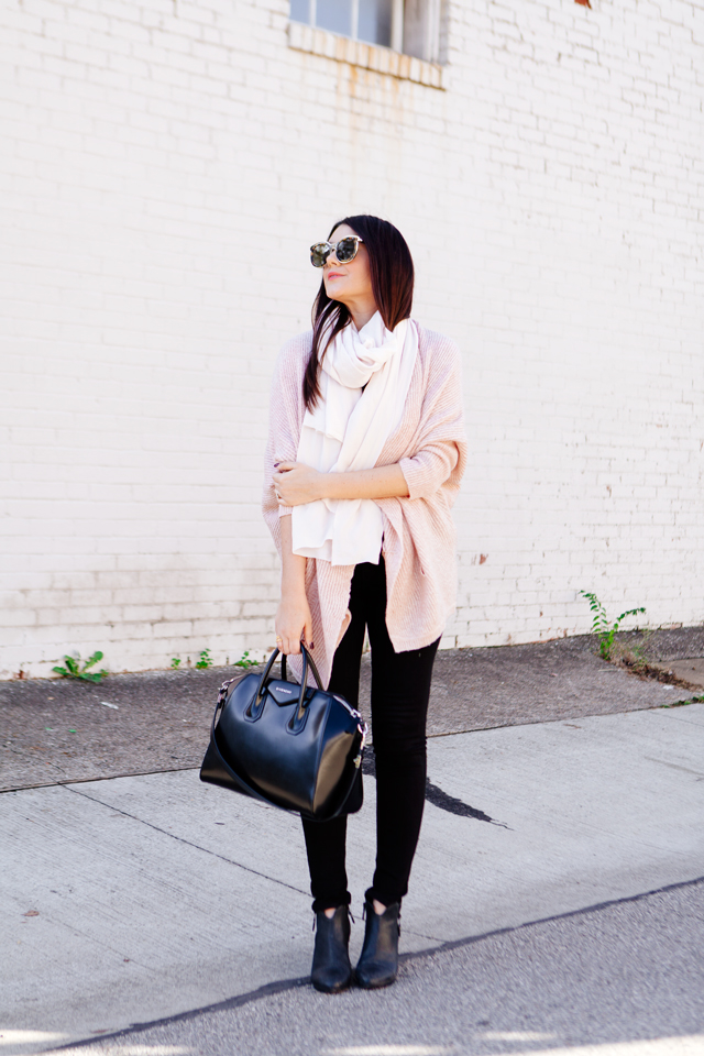 Pale pink cardigan and pale pink scarf outfit on Kendi Everyday