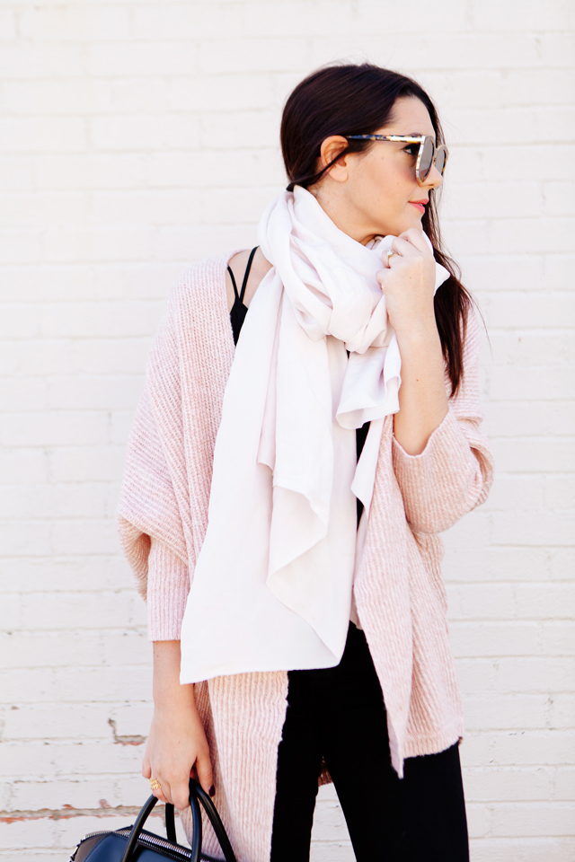 Pale pink cardigan and pale pink scarf outfit on Kendi Everyday