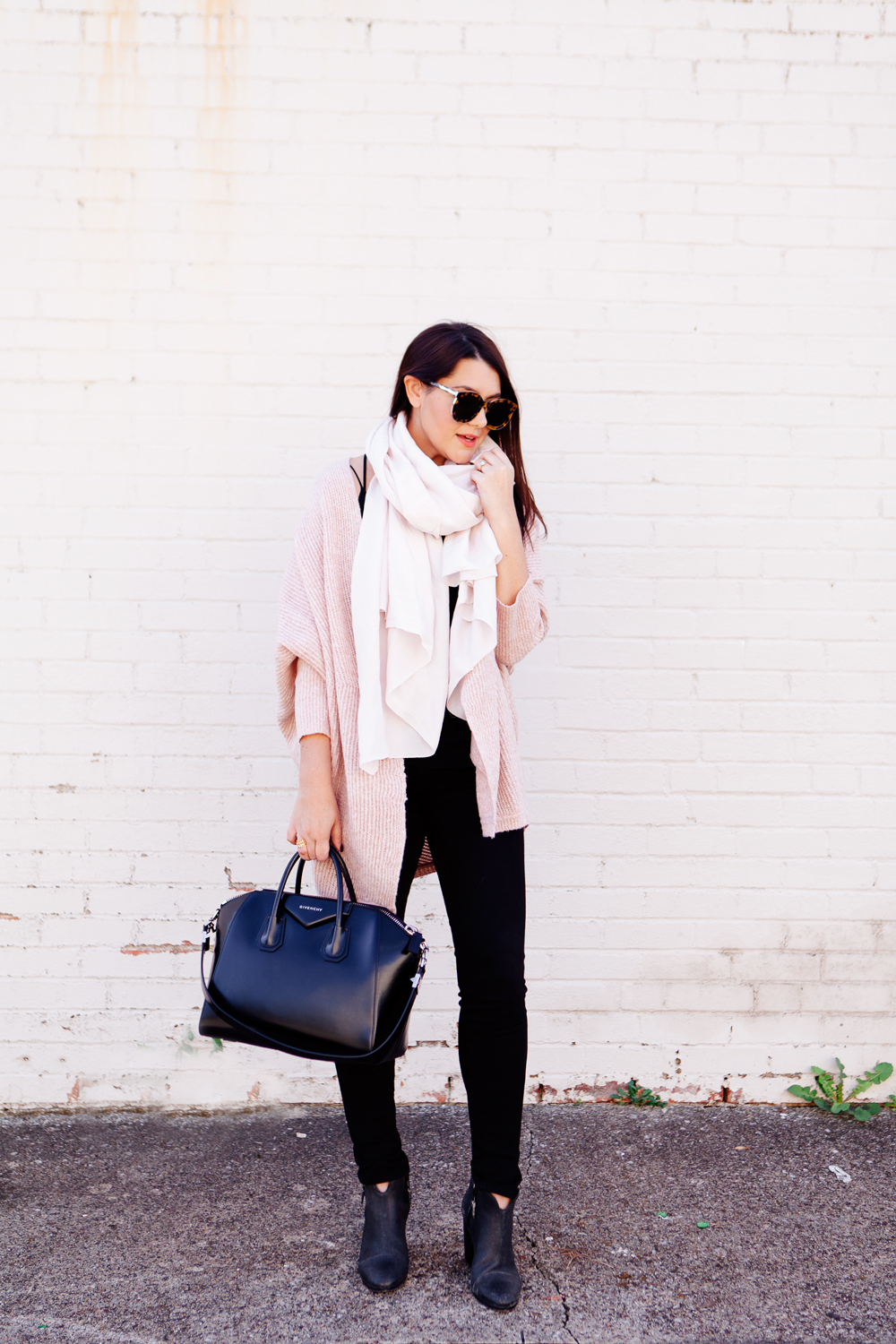 Pale pink cardigan and pale pink scarf outfit on Kendi Everyday