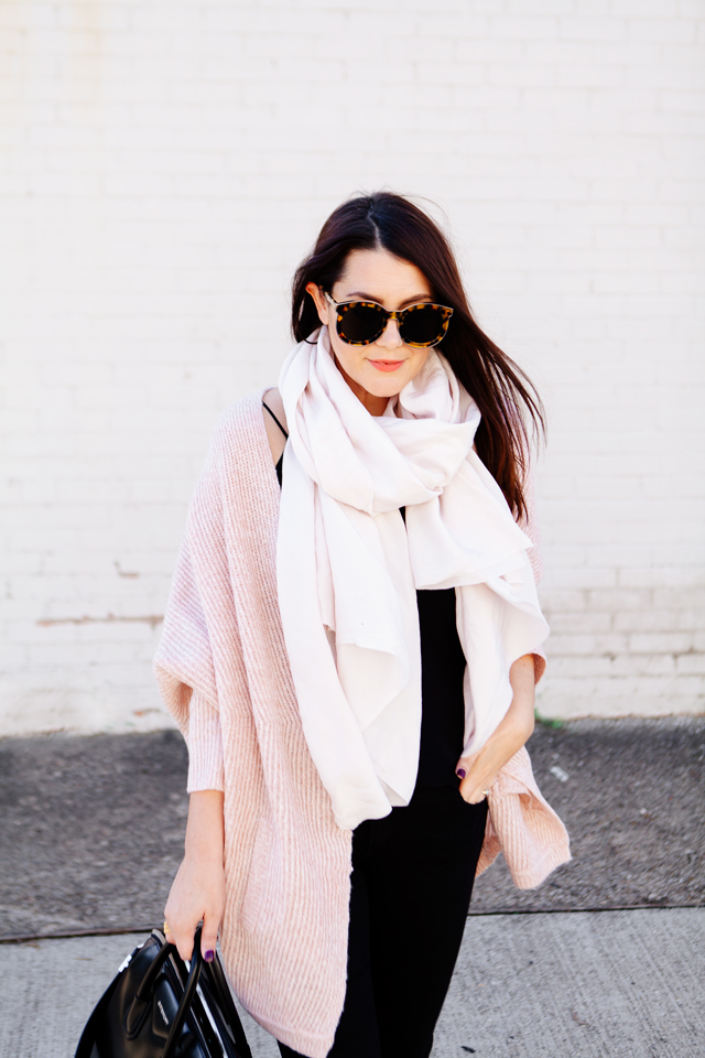 Pale pink cardigan and pale pink scarf outfit on Kendi Everyday