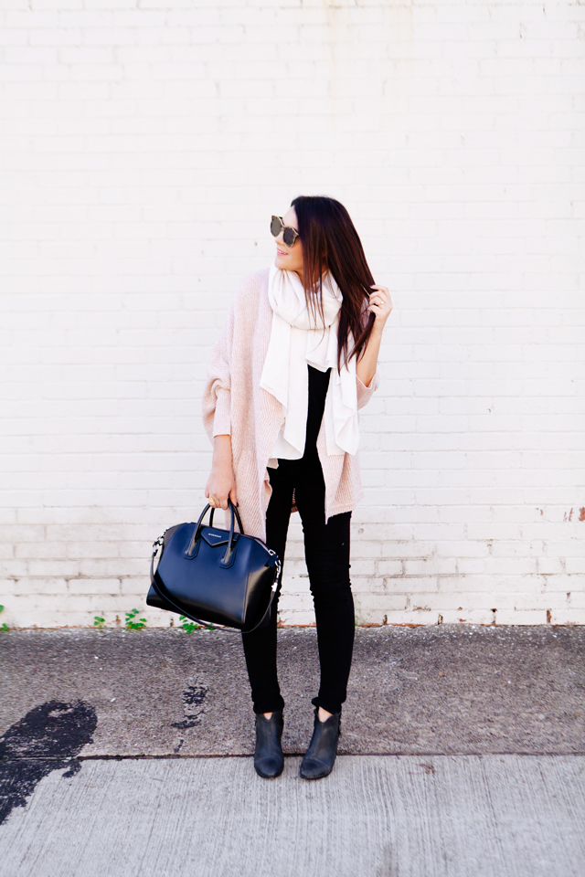 Pale pink cardigan and pale pink scarf outfit on Kendi Everyday