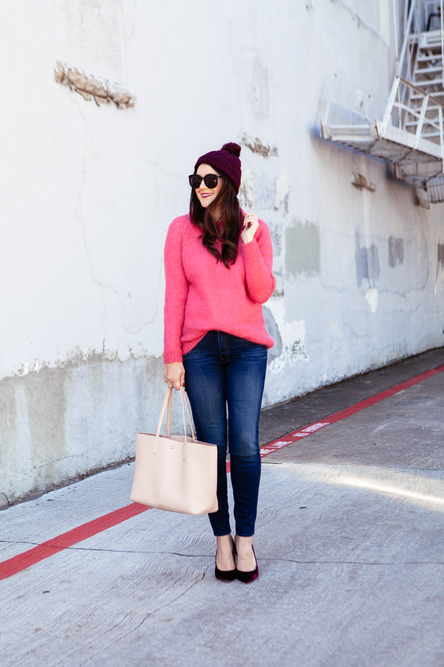 Topshop Pink Sweater with Purple Pom Pom Beanie outfit on Kendi Everyday