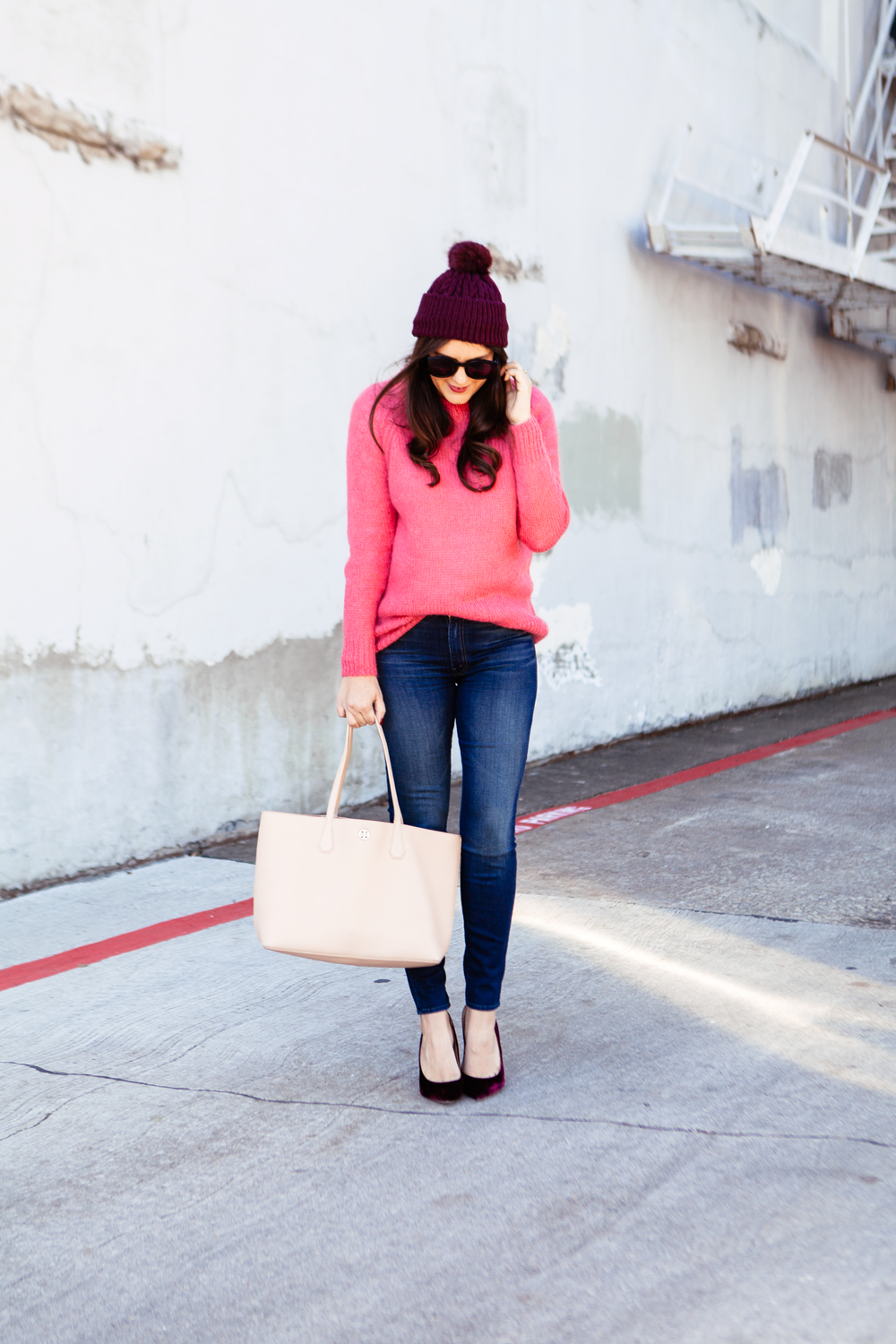 Topshop Pink Sweater with Purple Pom Pom Beanie outfit on Kendi Everyday